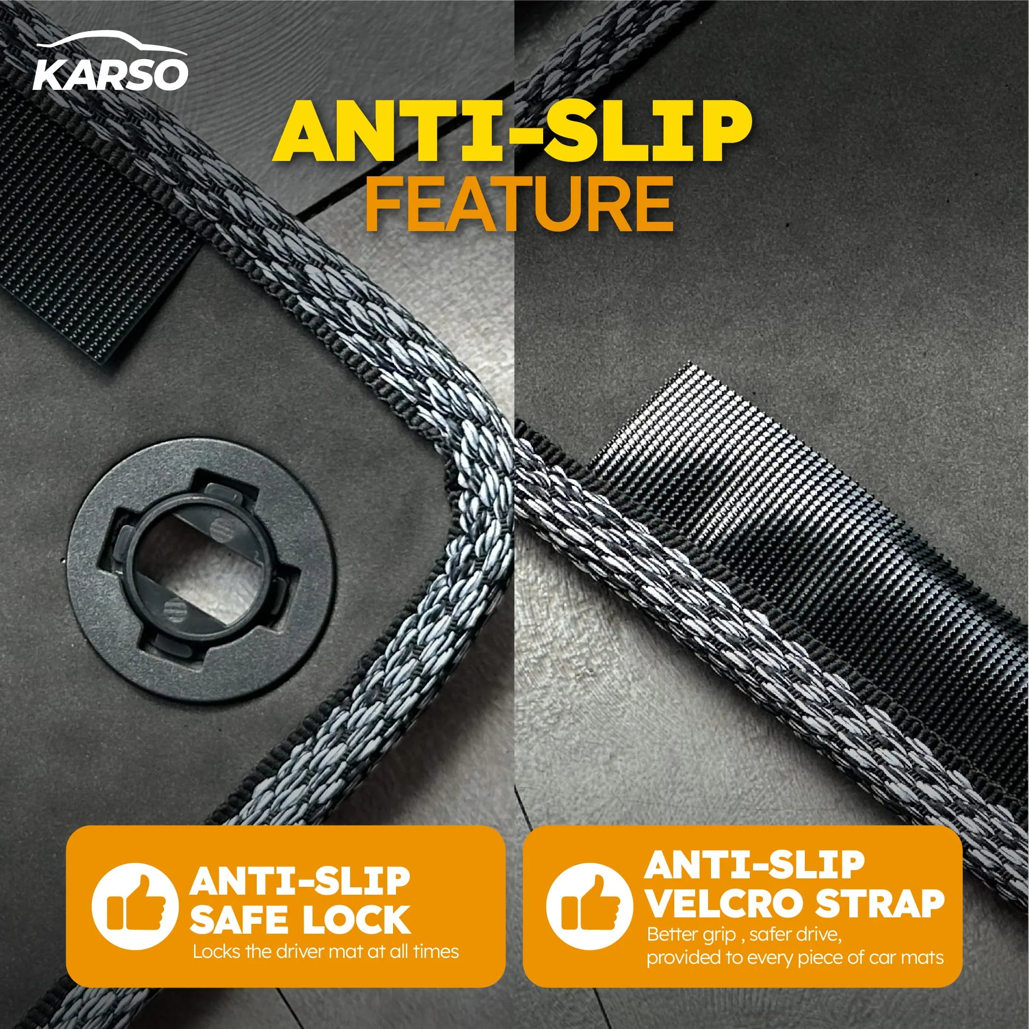 Karso car mat anti-slip safe-lock and velcro strap