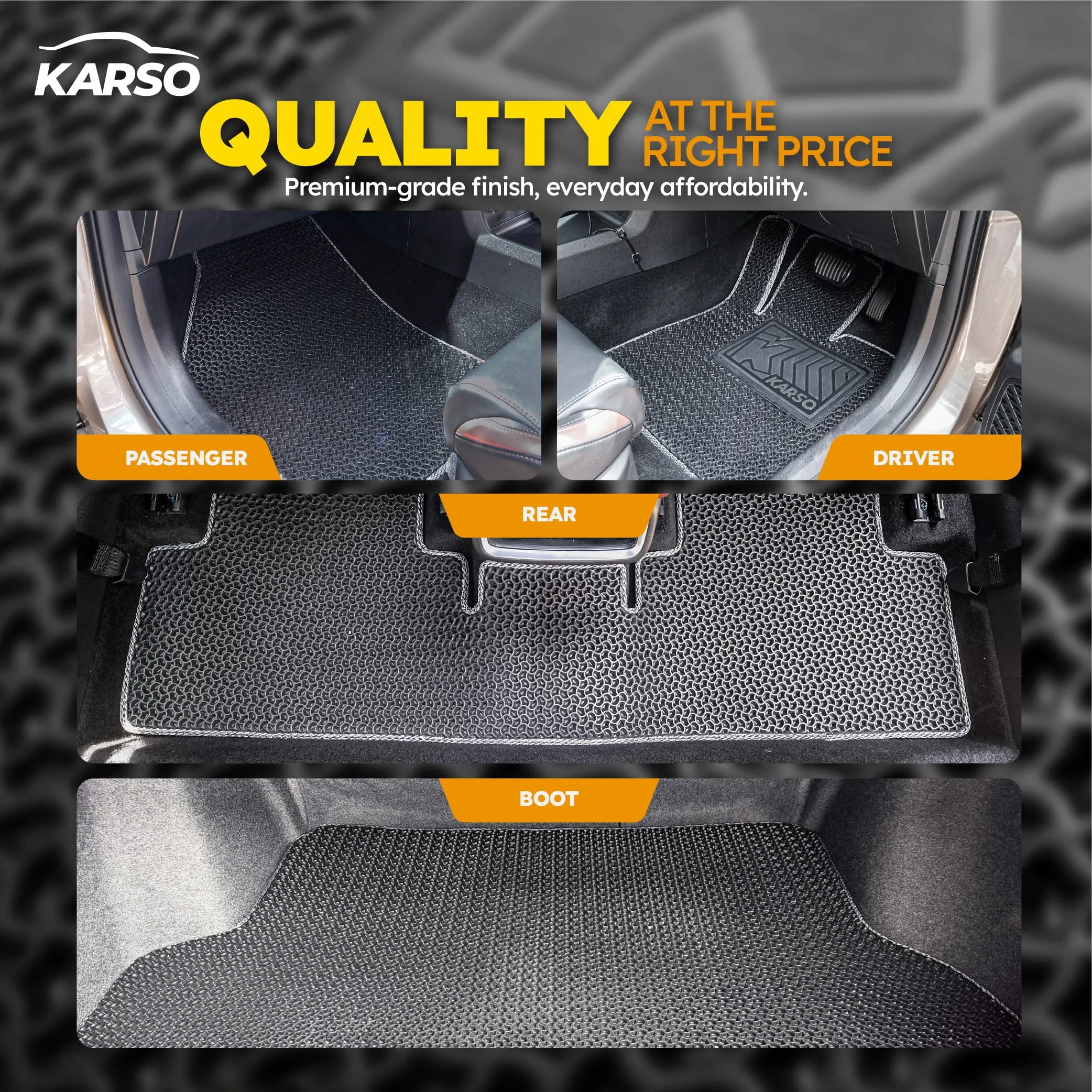 Karso car mat coverage: driver, passenger, rear and boot