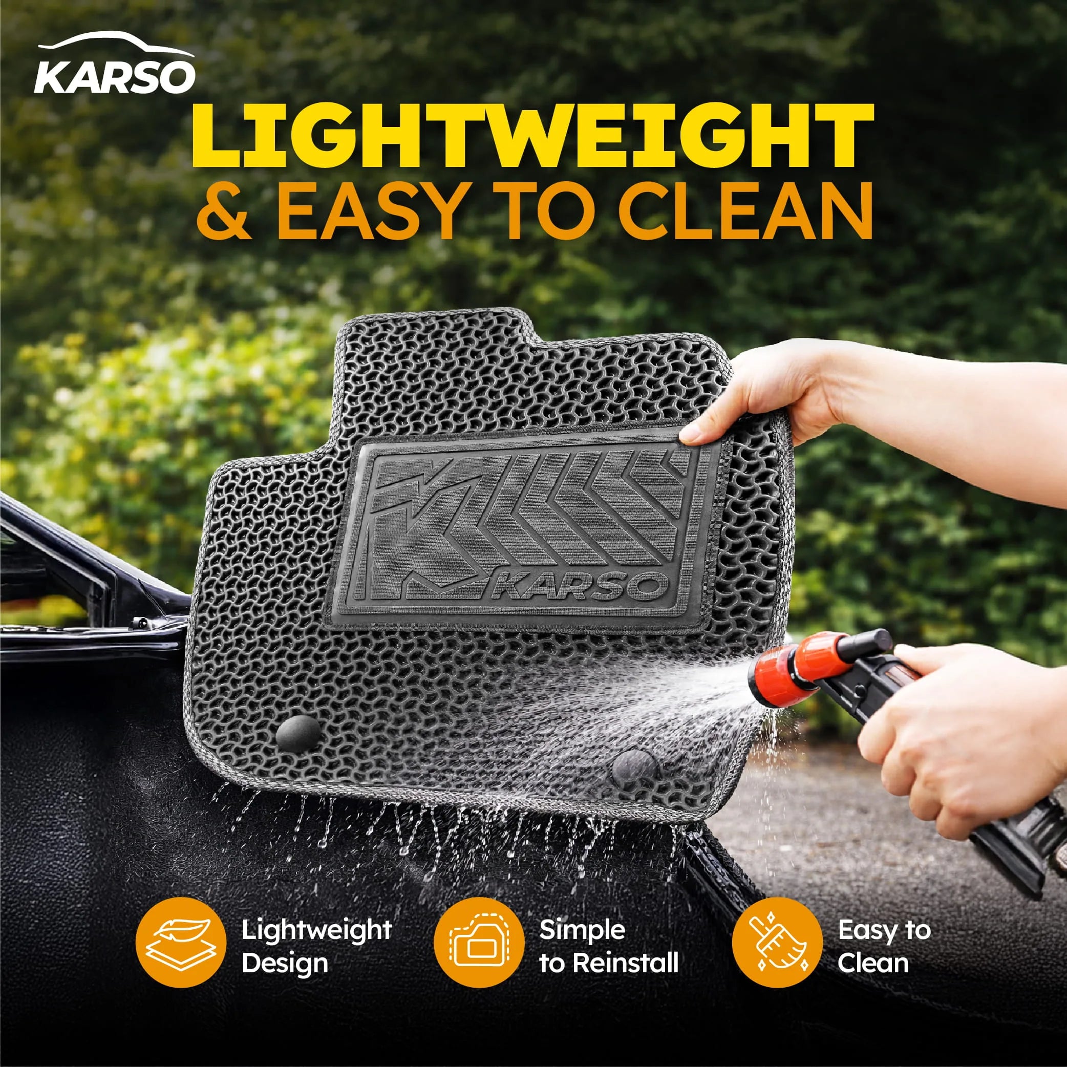 Lightweight Karso car mat being hosed clean