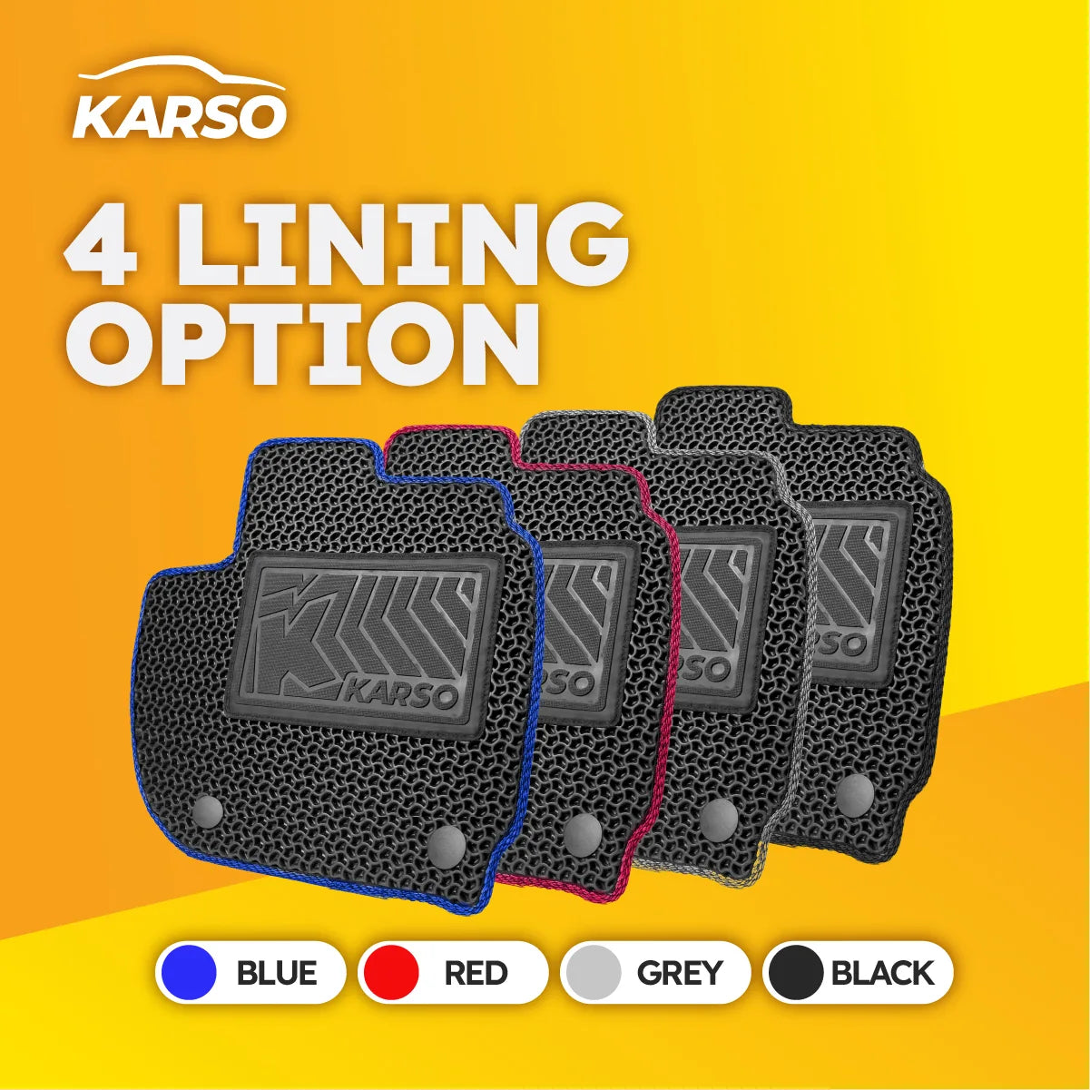 Karso car mat lining colours: blue, red, grey, black